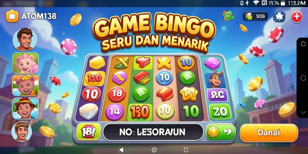 Tampilan gameplay ATOM138 yang penuh warna dan menarik dalam permainan Bingo.
