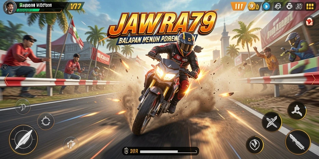 Tampilan gameplay seru dari JAWARA79 yang menampilkan balapan motor.