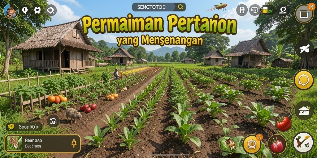 Gameplay SENGTOTO dengan ladang yang indah dan hewan ternak.
